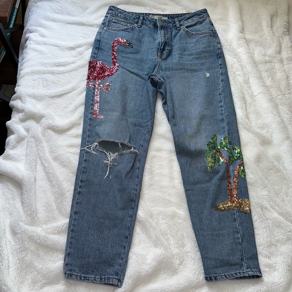 Topshop Flamingo Sequin Moto Mom Jeans Size 30 High Waisted Denim Fun Palm Tree - Picture 5 of 13